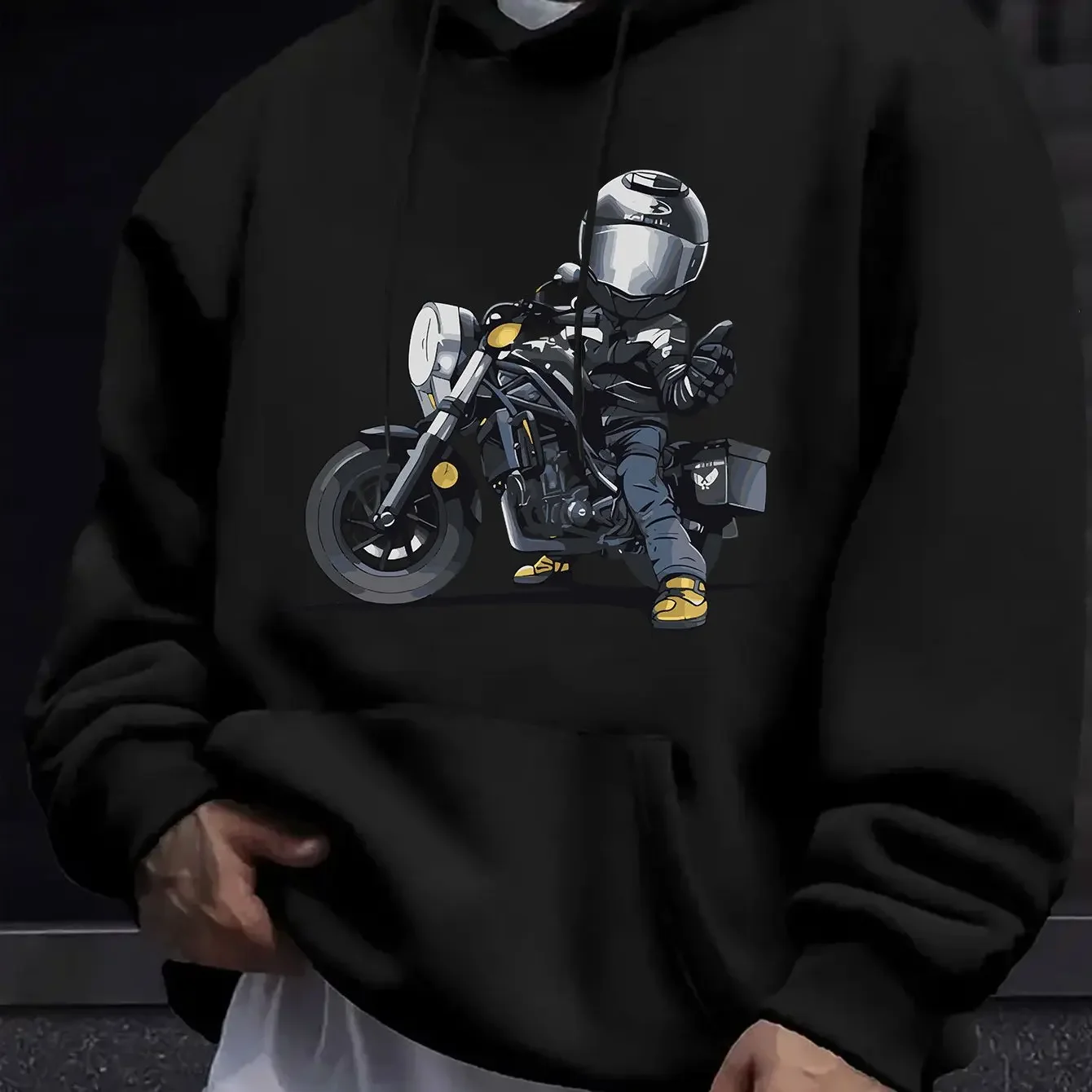 Sudadera con Capucha Estampada para Hombre, Otoño Invierno, Manga Larga, Estilo Motociclista, Estampado Oscuro