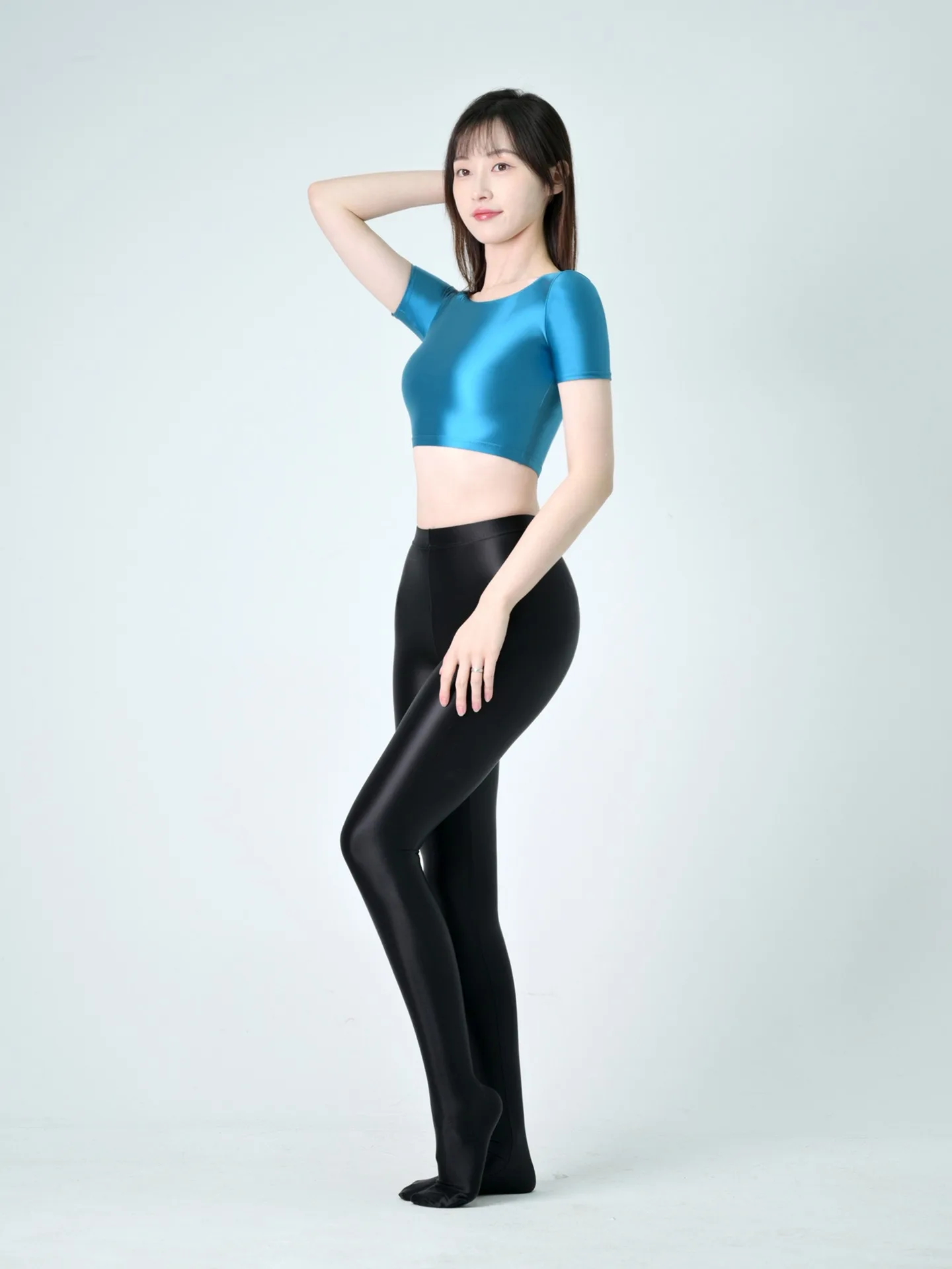 글로시한 여름 여성용 섹시한 숏 타이츠 긴 소매 반짝이는 기본 셔츠 수영복 하이넥 티셔츠