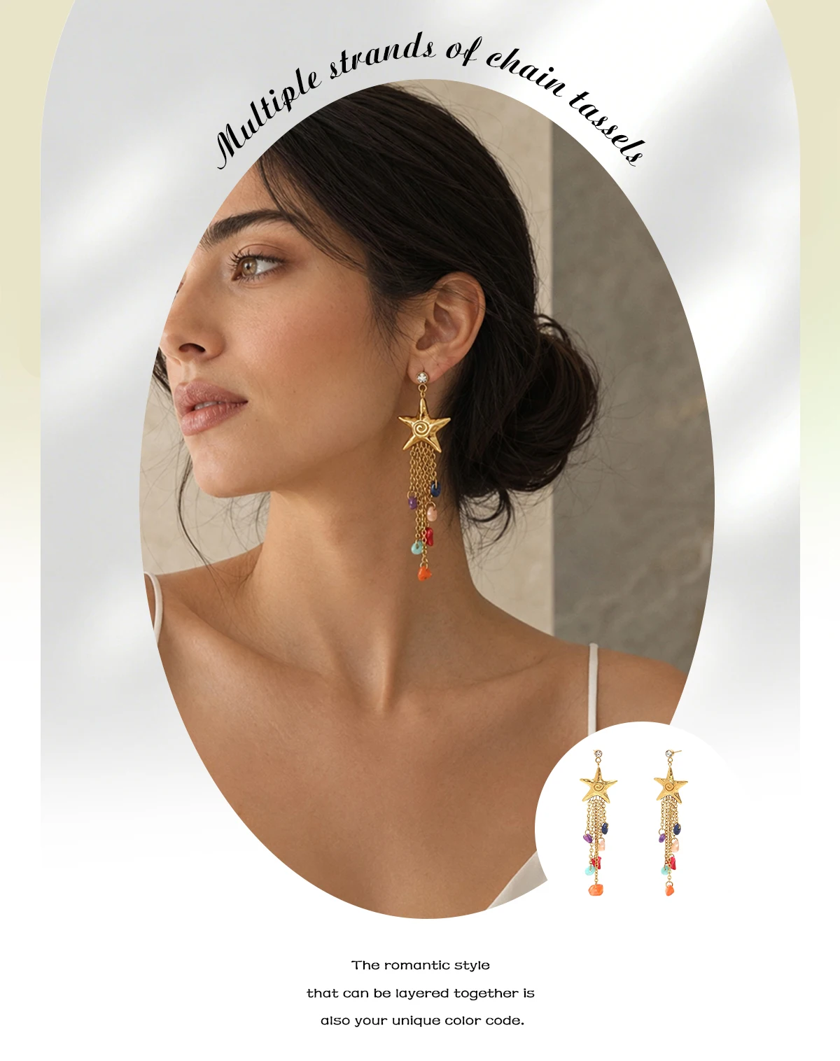 E.B.belle Minimalistische Strukturierte Stern-Ohrstecker mit Bunten Quasten, Hypoallergene 18K Vergoldete Ohrringe, Sommer-Modeschmuck – Detail 2