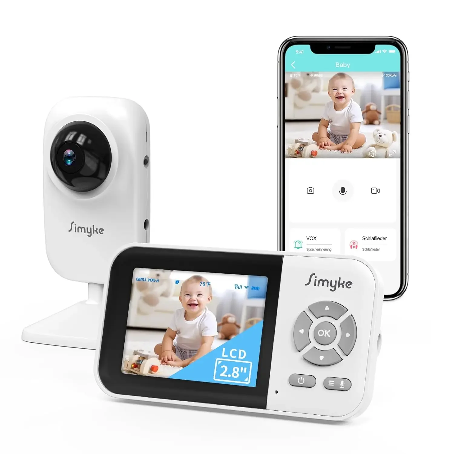 Babyphone caméra, écran IPS avec connexion sans fil directe, liaison smartphone WiFi, vision nocturne automatique, batterie 2500mAh, mode VOX, appel bidirectionnel, partage familial