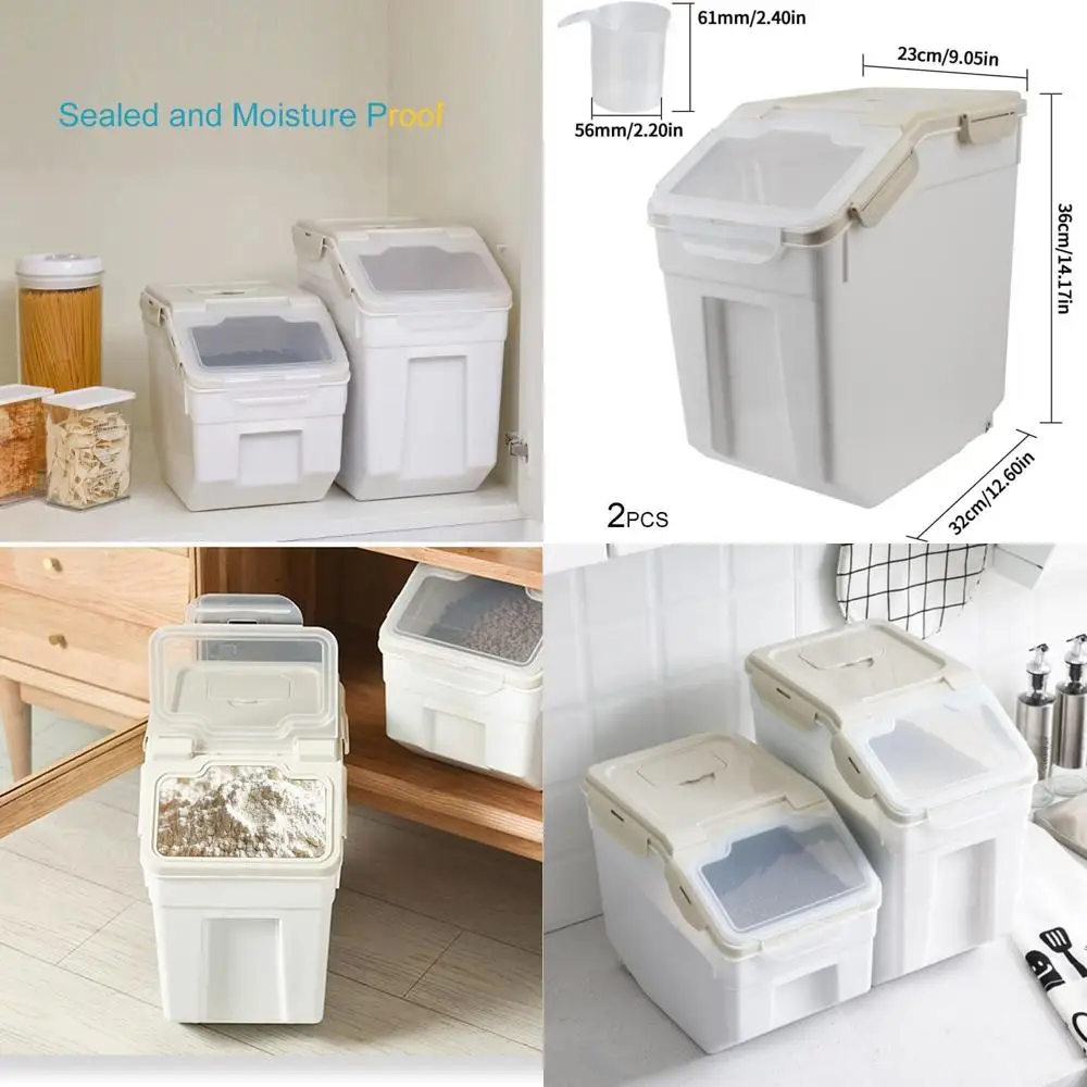 

Airtight Plastic Storage Bins with Wheels, 2-Pack, for Flour, Rice, Grains, 50lbs Capacity, Includes Measuring Cup & Scoop