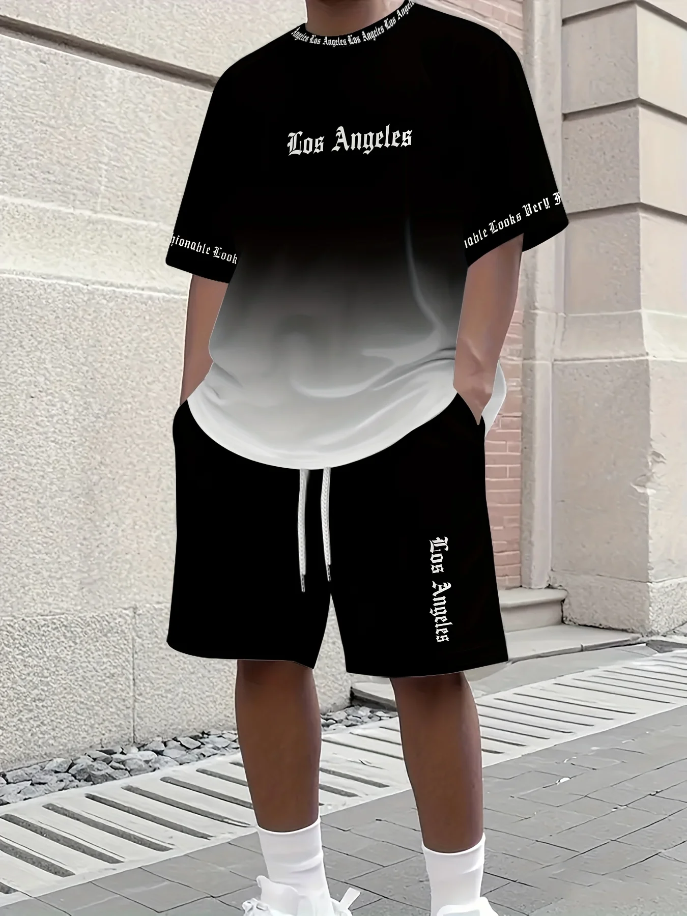 

Men's Summer Round Neck Breathable Fabric Fashion Casual Clothing 3D Pattern Short Sleeve T-shirt and Shorts Set