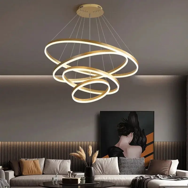 Modern minimalist LED ceiling pendant light, black gold ring pendant light, living room, bedroom, dining room, home lighting