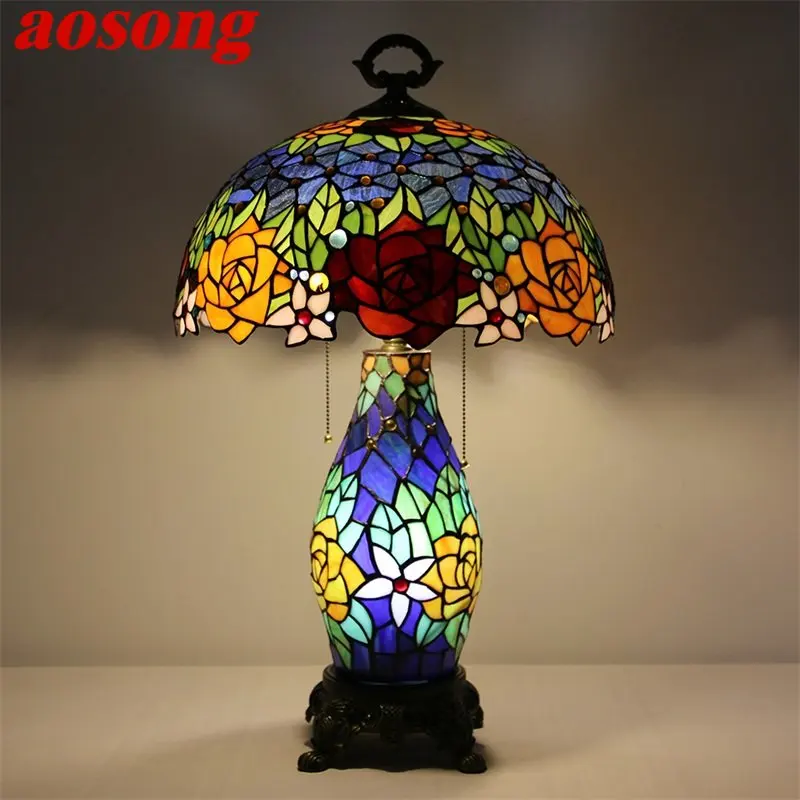 

AOSONG Tiffany Glass Table Lamp LED Modern Creative Rose Flower Desk Light Decor For Home Living Room Bedroom Bedside