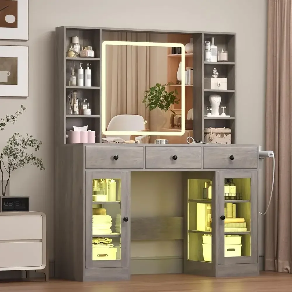 White Makeup Vanity Desk with Glass Top, Mirror, Lights, Power Outlet, and RGB Glass Cabinet for Girls and Women
