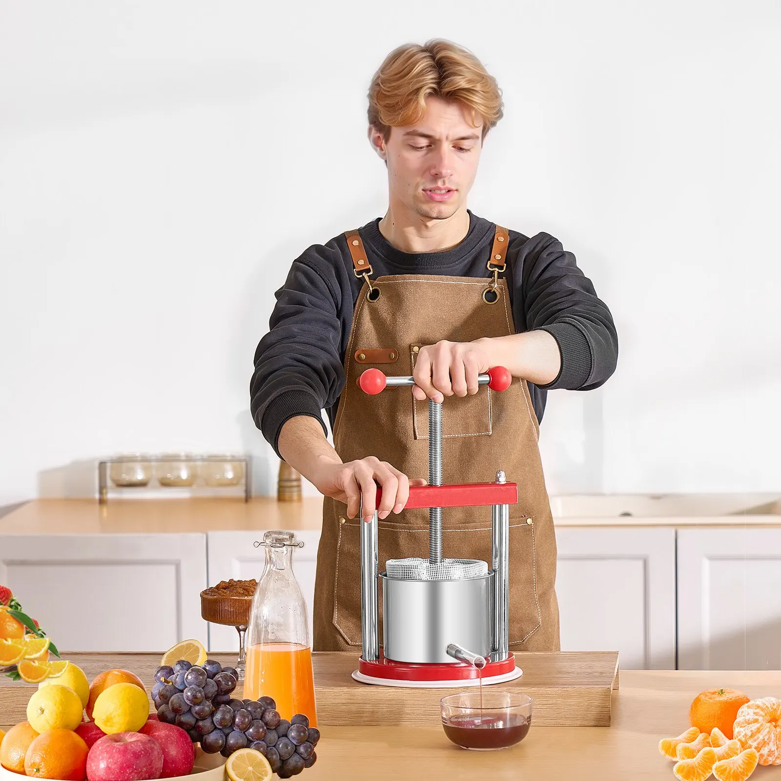 Extractor de jugo manual de 1.65L para cocina, hogar y jardín, con doble depósito y mango en T para frutas, manzanas, uvas, tintes, miel, aceite de oliva
