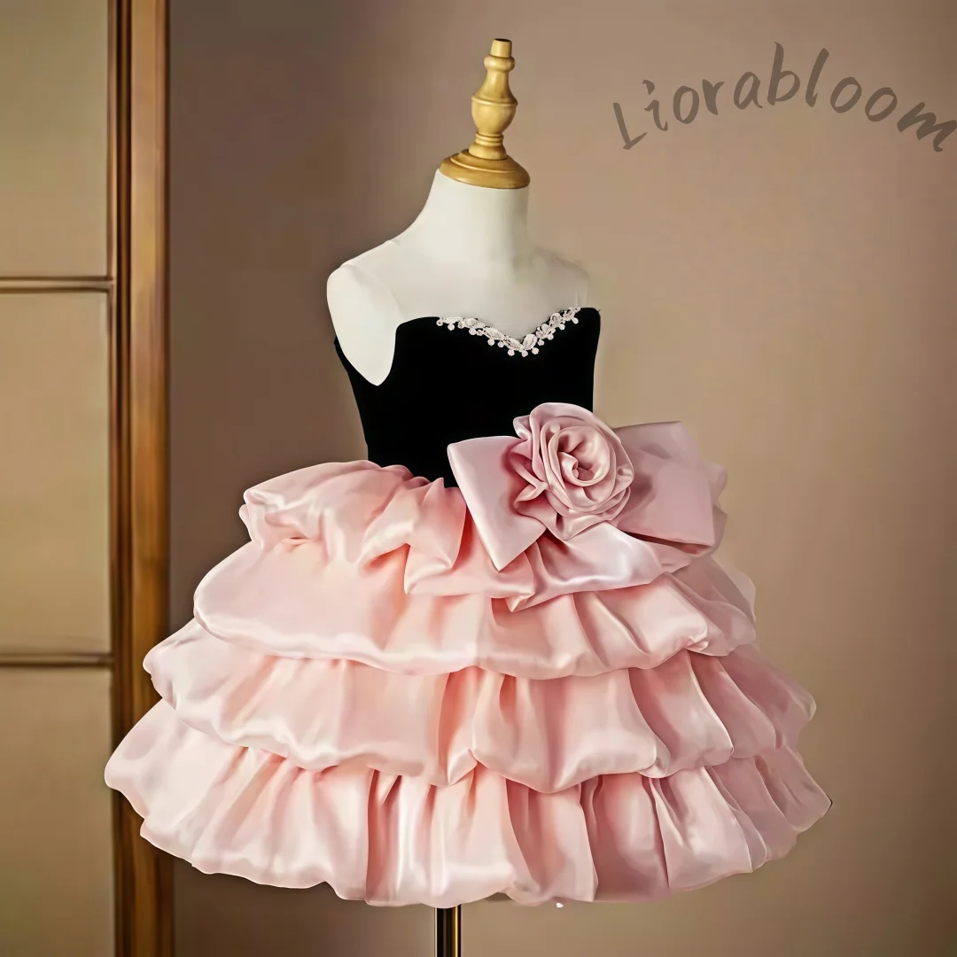 Abito da Cerimonia in Tulle Rosa con Fiocco per Bambine, Vestito Formale da Damigella, Abito da Bambina