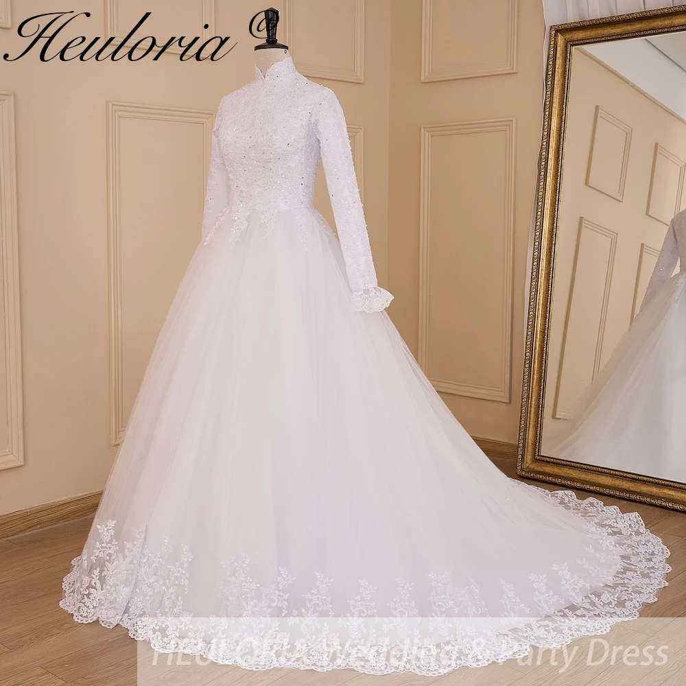 HEULORIA Muslim Wedding Dress long sleeve bride dress high neck plus size robe de mariee Lace beading  Bridal Gown