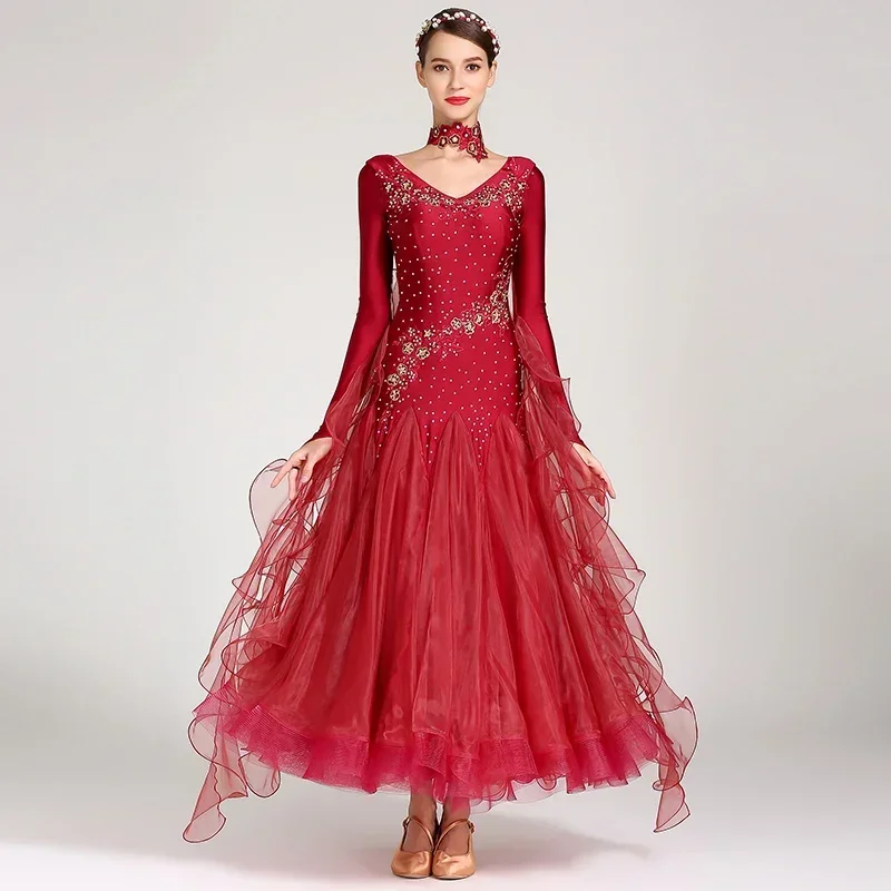 Women Competition Standard Modern Dancing Clothes Long Sleeve Waltz Stage Costumes Ballroom Dance Dress