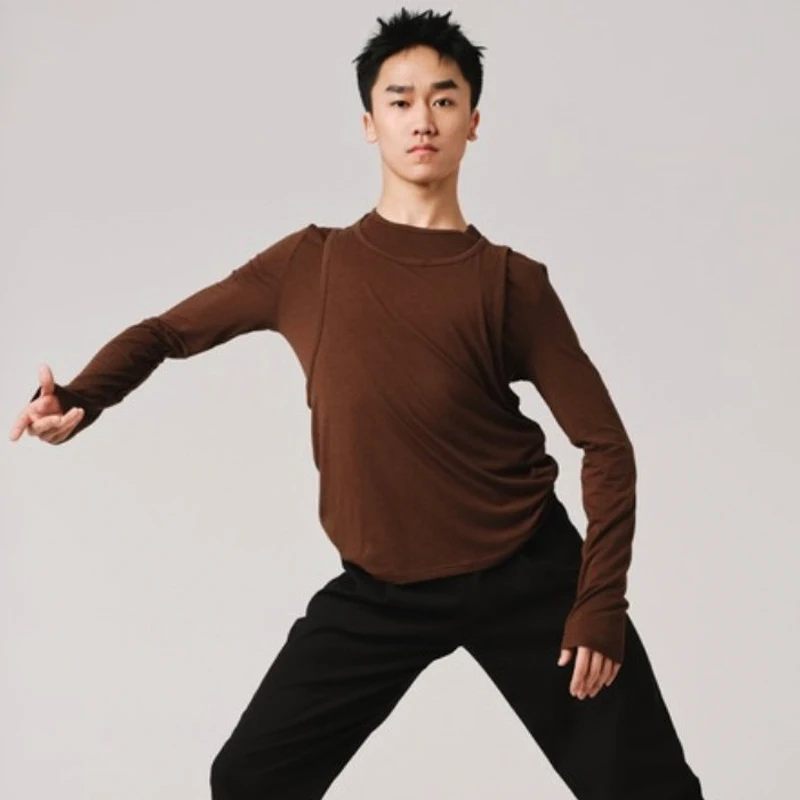 2026 New Latin Dance Practice Clothes For Men Fake Two Round Neck Long Sleeved Shirts Samba Chacha Tango Latin Costume  DQS22427