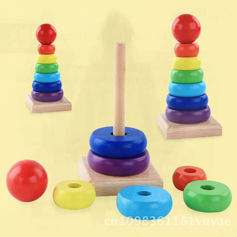 Rainbow Tower Wooden Stacked High Building Blocks for Children Educational Toy for Boys And Girls Colorful Sensory Hand-eye
