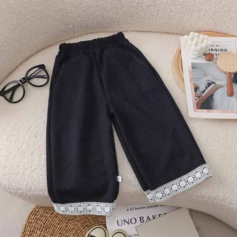 Loose and Versatile New Spring Autumn Sweet Children's Jeans Girls Lace  Color Straight Tube Casual Pants Kawaii Long Outer
