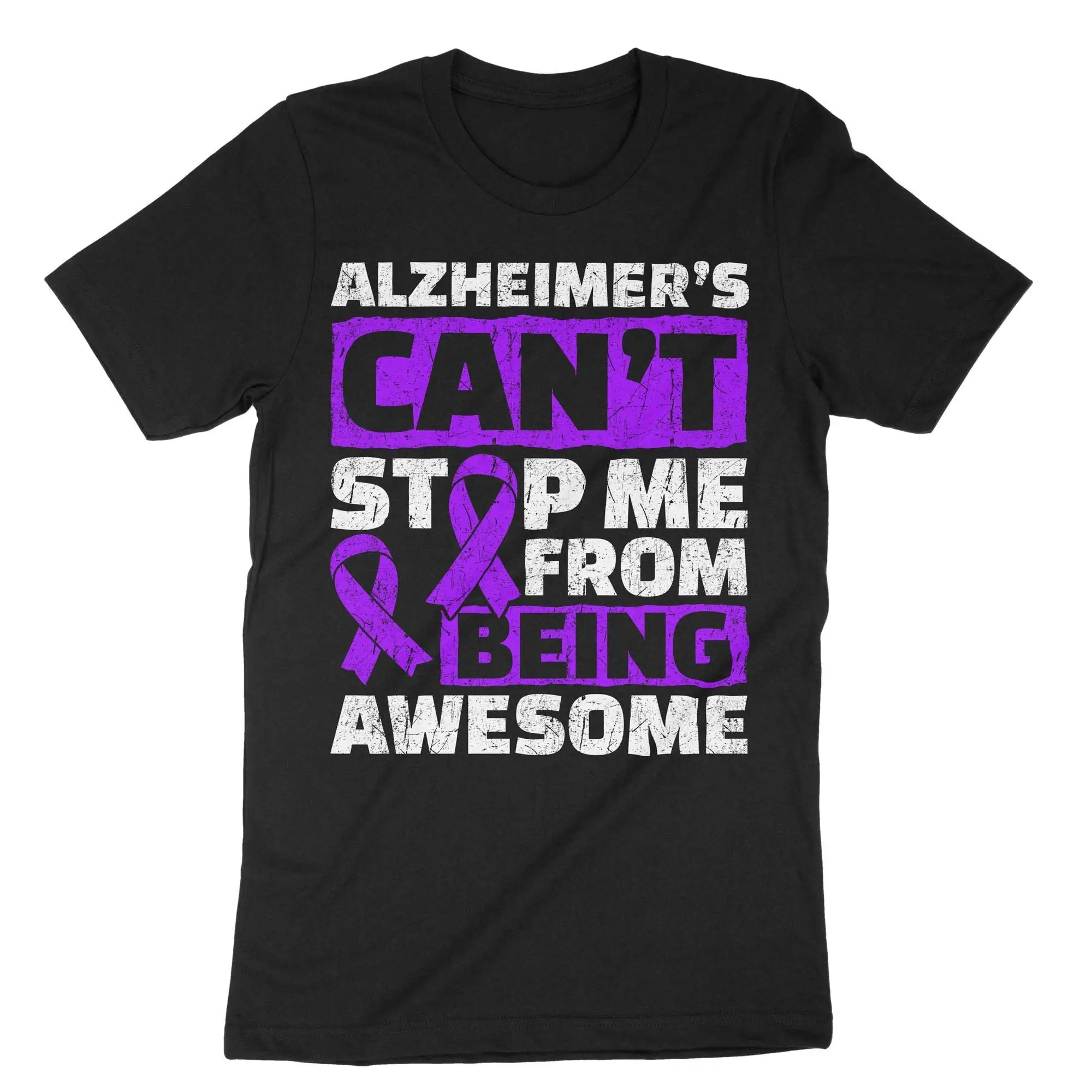 Alzheimer's Can't Stop Me T Shirt Alzheimer Awareness Memory Loss Fight Care Package Purple Ribbon Dementia