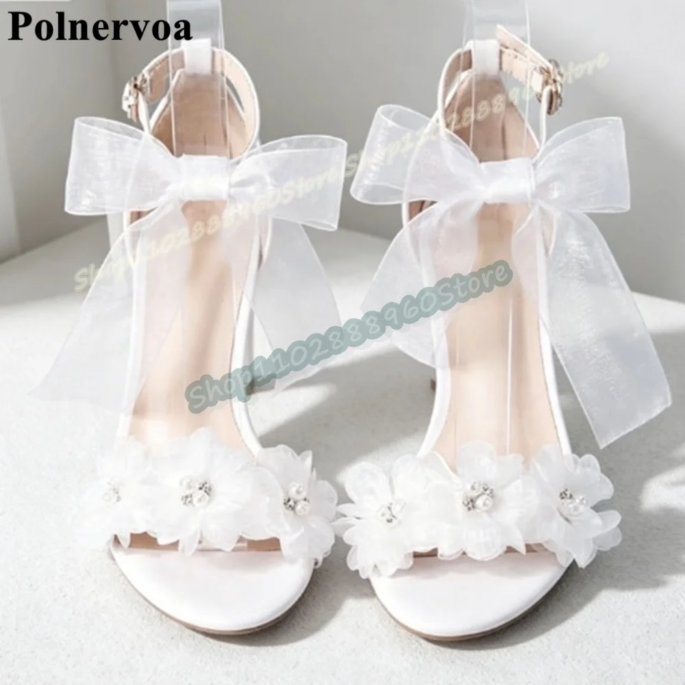 Elegant White Flower Ribbon Bowknot Sandals Thin High Heel Shoes For Women Ankle Buckle Strap Open Toe 2026 Zapatos Para Mujer