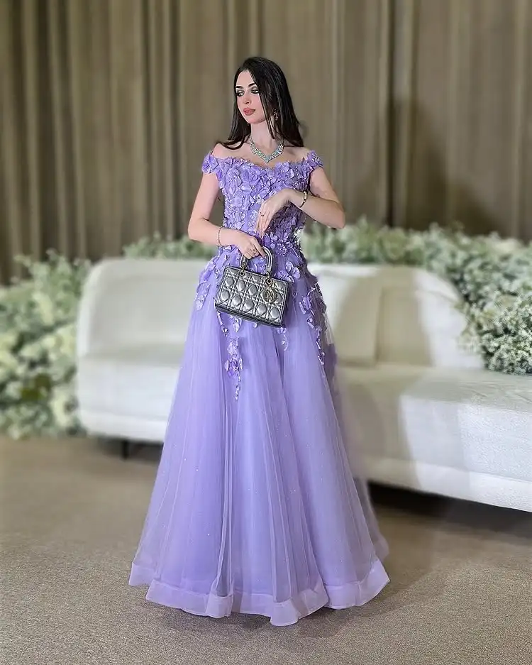 L & P DQL Studio robes de bal lavande robe de soirée épaules dénudées à lacets dos plis Tulle avec appliques perles robe de soirée