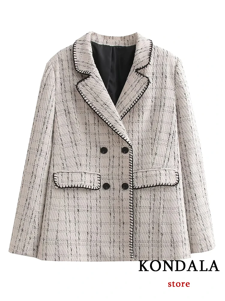 KONDALA Vintage Plaid Oversized Blazer Women Long Sleeve V Neck Double Breasted Pockets Jackets Fashion 2023 Elegant Outwears