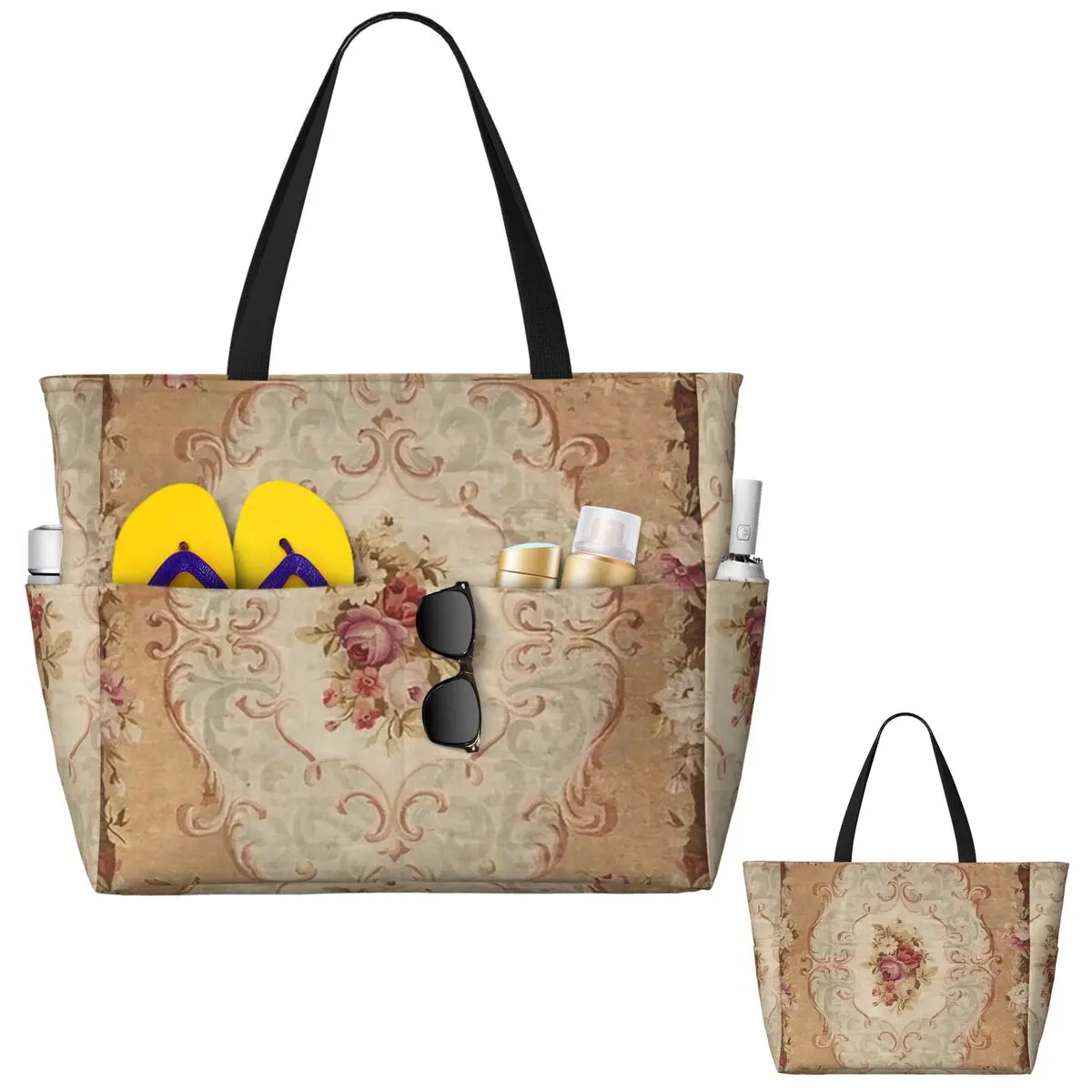 Borsa tote da spiaggia con stampa di tappeti Aubusson francese floreale rosa antica Borsa sportiva da palestra per yoga Borsone grande Borsa da viaggio da donna Borsa da fitness