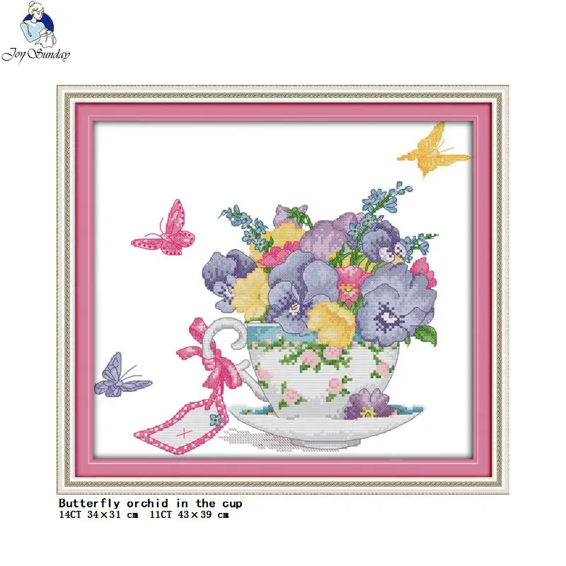 Teacup Flowers Series Joy Sunday Floral Pattern Cross Stitch Set 14CT 11CT White Cloth Printed Fabric Embroidery Kit Home Decor