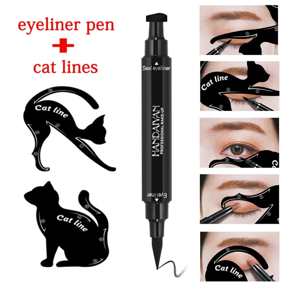 Dual End Black Liquid Eyeliner Pencil Pro Waterproof Long Lasting Makeup Eye Liner Pen+ Cat Line Eye Makeup Stencils