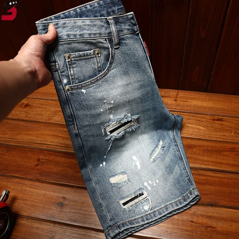 Summer Fashion High-End Ripped Denim Shorts Men's Stretch Slim Fit Fashion Haulage Motor Style Street Retro Blue Shorts