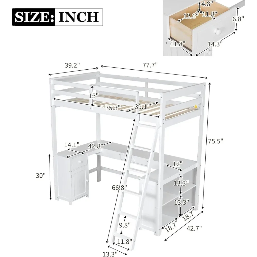 Picture 5: Merax Twin Size Loft Bed, Wood Twin Loft Bed Frame with U-Shaped Desk, Cabinet, Drawers and Storage Shelves