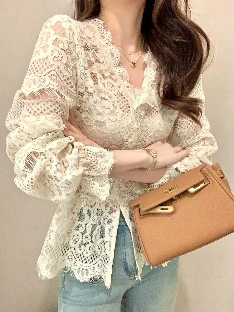 

Lace V Neck Hollow Out Blouse Women Summer Slim Long Sleeve Casual Shirt Y2K French Elegant Luxury Female Tops New