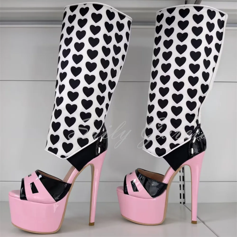 Girl Pink Heart Decor Knee High Boot Sexy Round Toe Platform Stiletto Heel Summer New Trendy Metal Heel Women Elegant Sandals