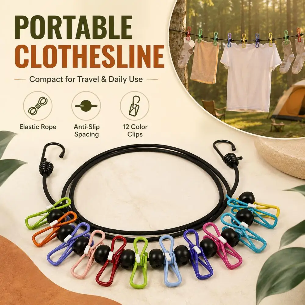 Varal portátil elástico de 1,8 m com 12 prendedores coloridos, antiderrapante, para viagens, camping ao ar livre, corda de secagem de roupas à prova de vento.