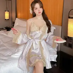 Sexy Lace Nightgown Bathrobe Set Women Spring Summer New Robe Gown Suit Rayon Nightdress Kimono Home Clothes Sleepwear