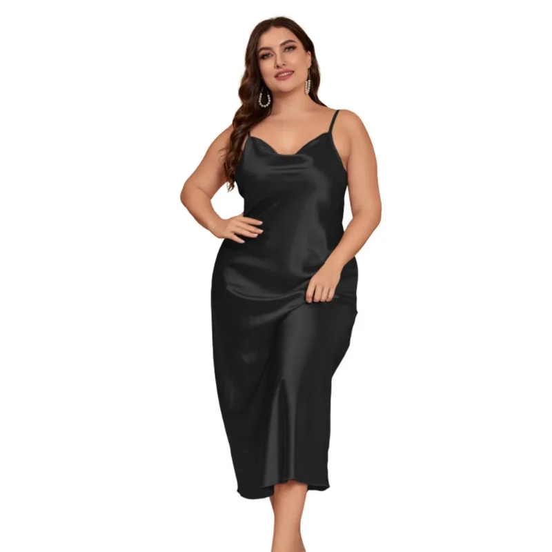 Summer Thin Solid Color Plus Size Sleepwear Women Luxury Imitation Silk Sexy Suspender Nightgown Leisure Home Clothes Pajamas