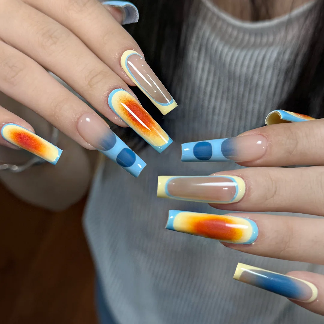 

24Pcs Long Ballet Nails Set Press on Irregular French Design Fake Nails Red Blue Smudge Wearable Full Cover False Nails Tips Art