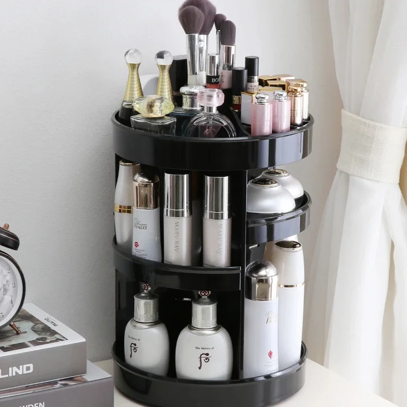 Rotating Large Capacity Cosmetics Storage Box High-End Black Desktop Organizer for Skincare Products Makeup Brushes