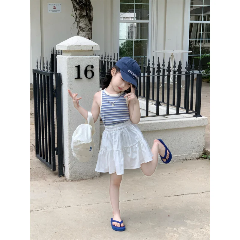 

Girls' Striped Vest2025Summer New Children's White Skirt Baby Suit Children Short Skirt Top