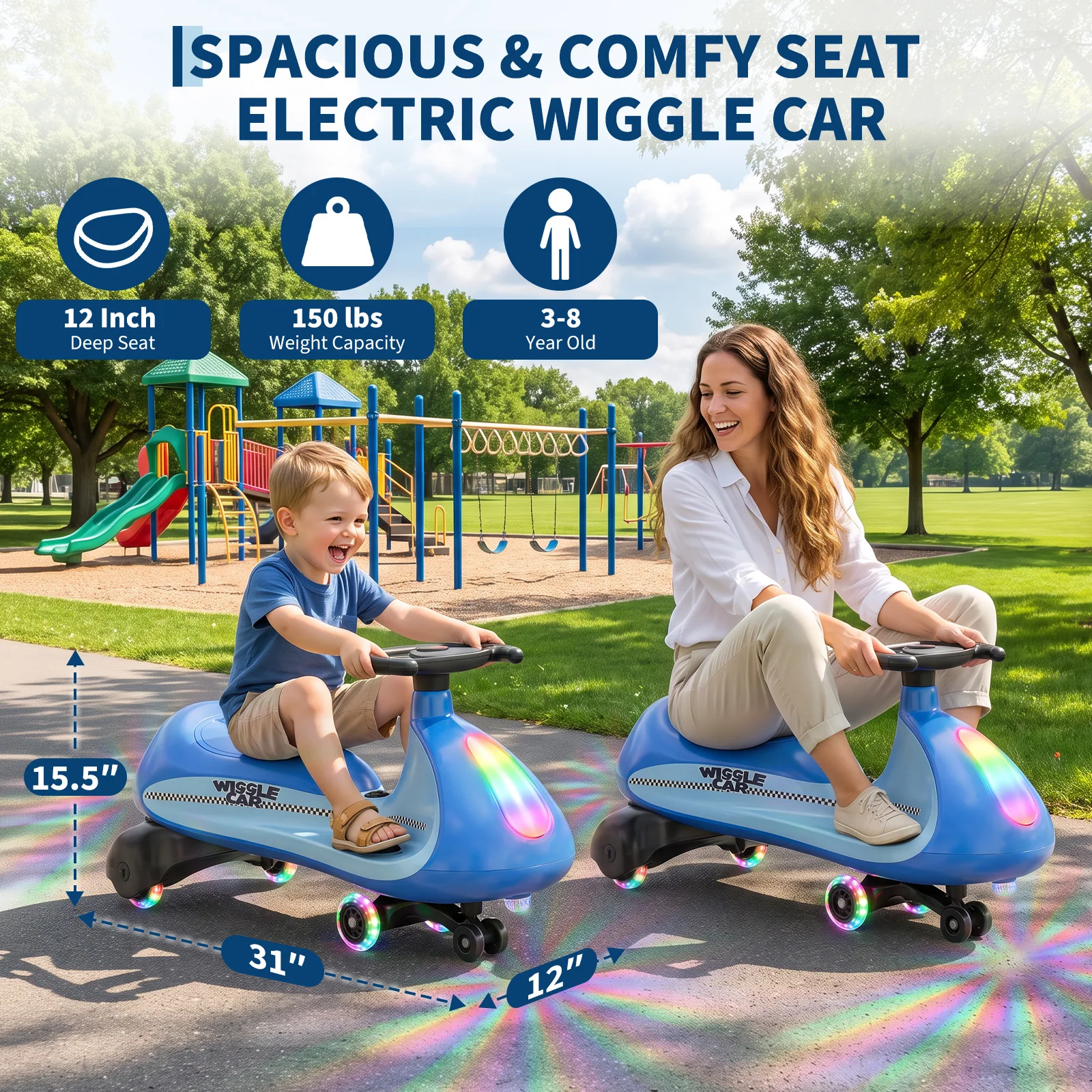 12V Electric Wiggle Car for Kids 3-8, 150 LBS Weight Capacity Ride On Twist Car, 550 Dual Motors 6 Wheels, Music, Lights, Forward/Backward, Outdoor Backyard Toys Birthday Gift
