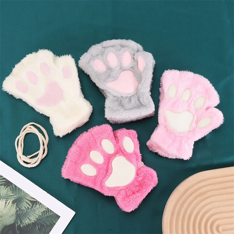 Lovely Plush Cat Claw Paw Gloves Fashion Women Girls Faux Fur Mittens Antumn Winter Warm Soft Plush Short Half Finger Gloves