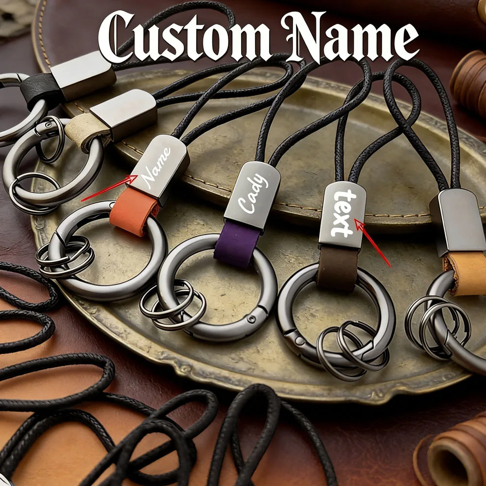 Custom Name Metal Keychain Suede Leather Retro Personalized Key Chain Ring for Men Women Lanyard Cotton Rope Strap Keyring Gift