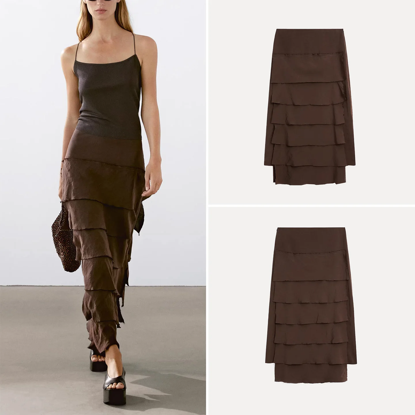 

Summer 2025 New Women's Sle Cake Skirt f-length Midi Skirt Polyester Fiber Casual mid Waist Design Polyester Fabric