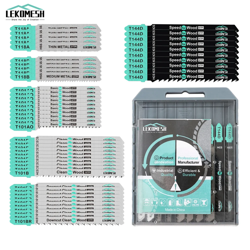 LEKOMESH 50Pcs Reciprocating Saw Blades Sets T-Shank Jigsaw Blade For Cutting Wood Plastic Metal Jig Saw Kit With Carry Case