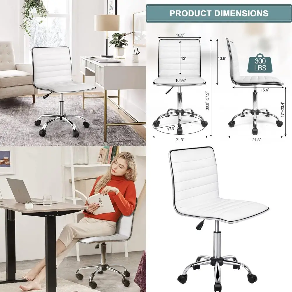 

Ergonomic Ribbed Swivel Chair, Adjustable Office Task Seat, Faux Leather Low Back, Armless Rolling Chair with Wheels