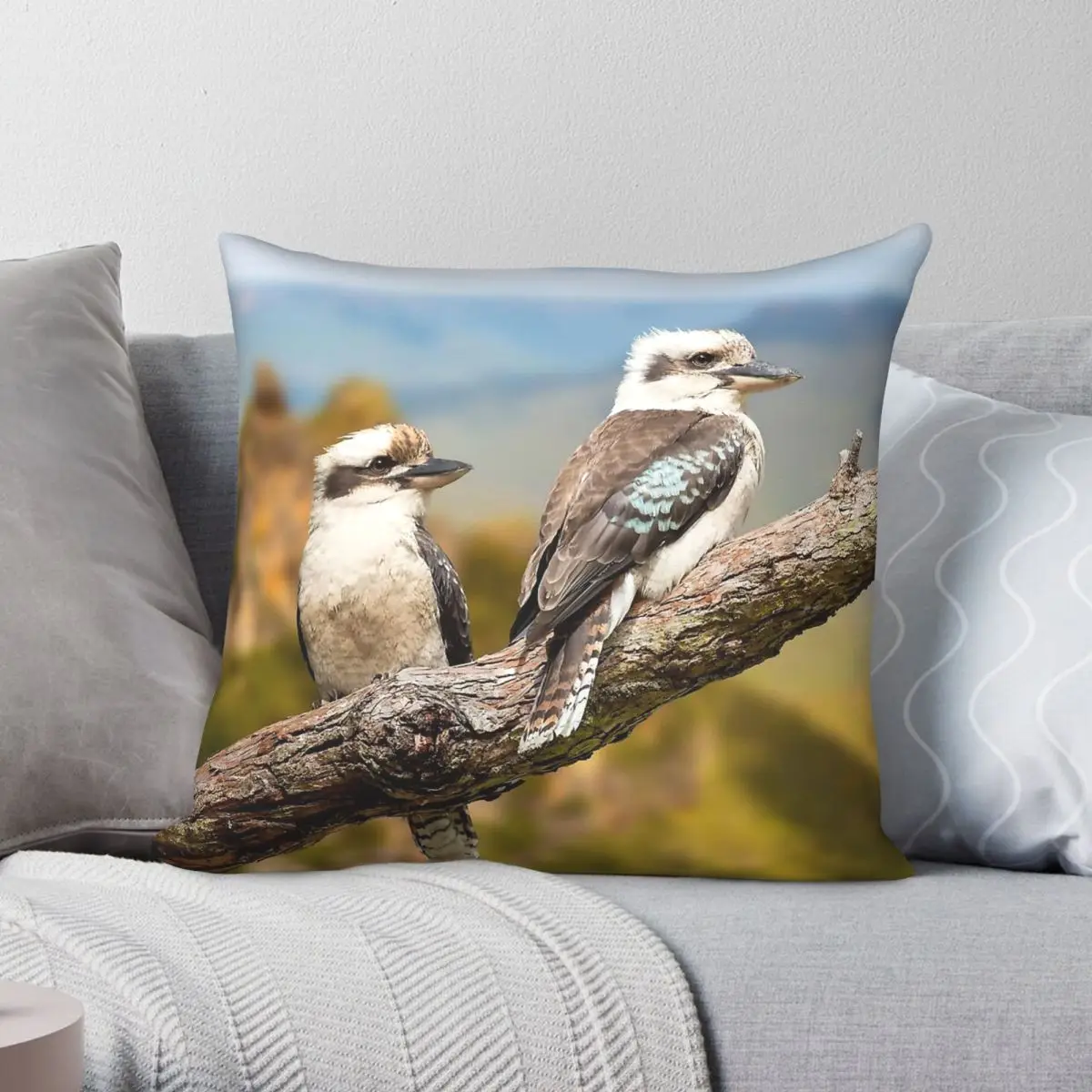 Kookaburra Pair Blue Mountains Square Pillowcase Polyester Linen Velvet Creative Zip Decor Throw Pillow Case Home Cushion Cover