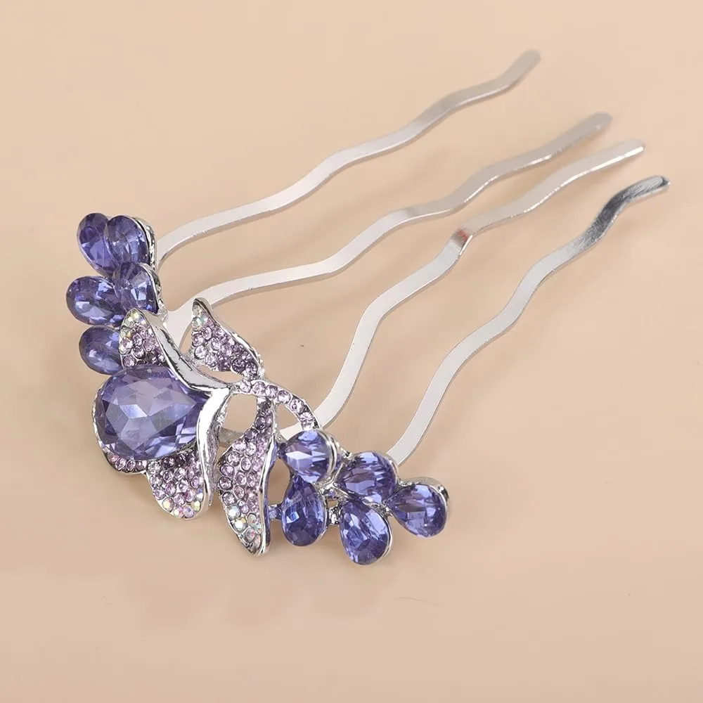 

Chargances Flower Inlaid Rhinestones Hair Comb Wedding Blue Crystal Hair Side Combs Long Teeth Slide Hairpins Barrettes Hair