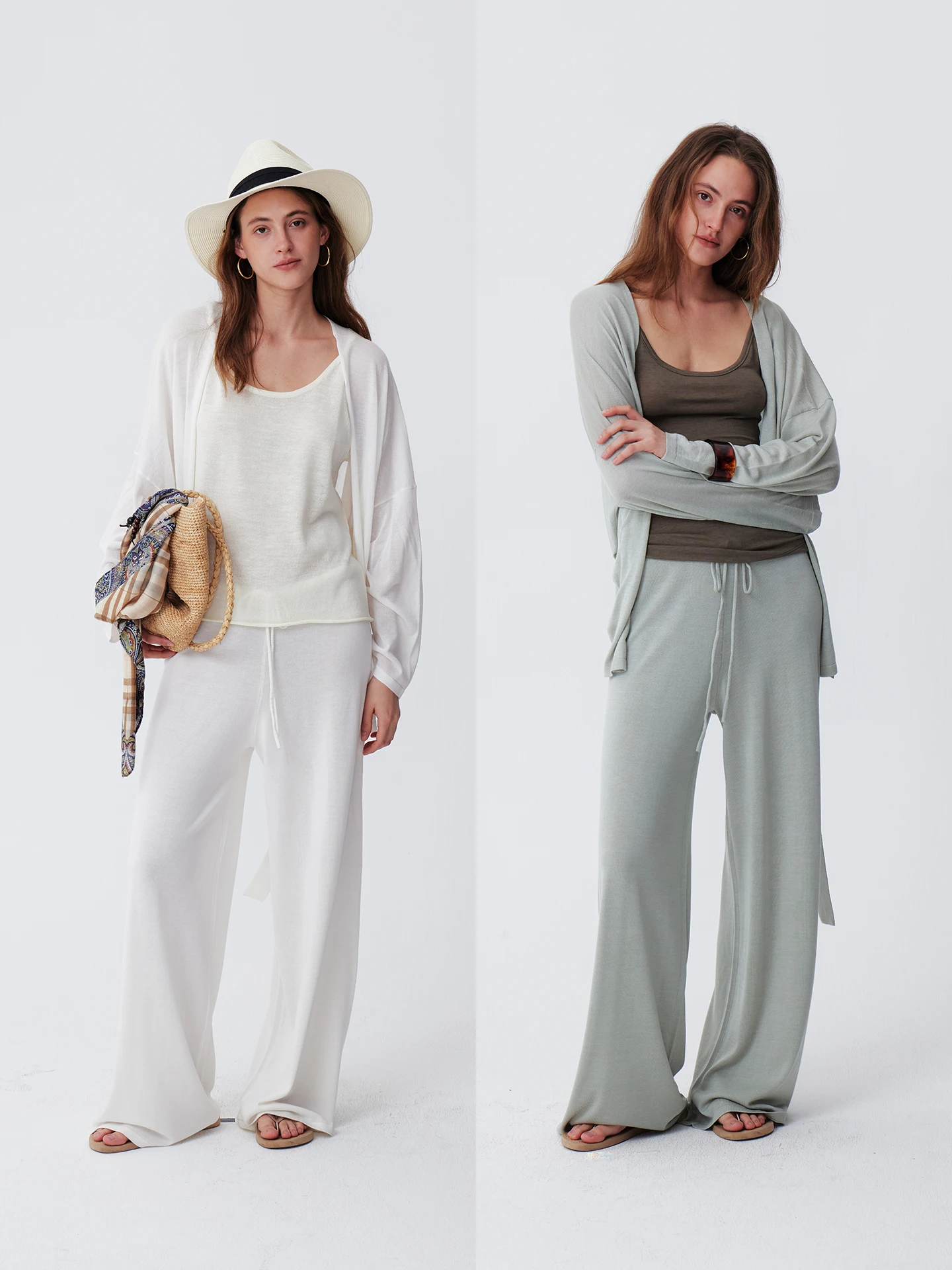 

Комплект Fluffolk Slow Fashion: вязаные брюки и накидка из льна, ацетата и лиоцелла в отпускном стиле, с поясом, свободного кроя, мягкий трикотаж