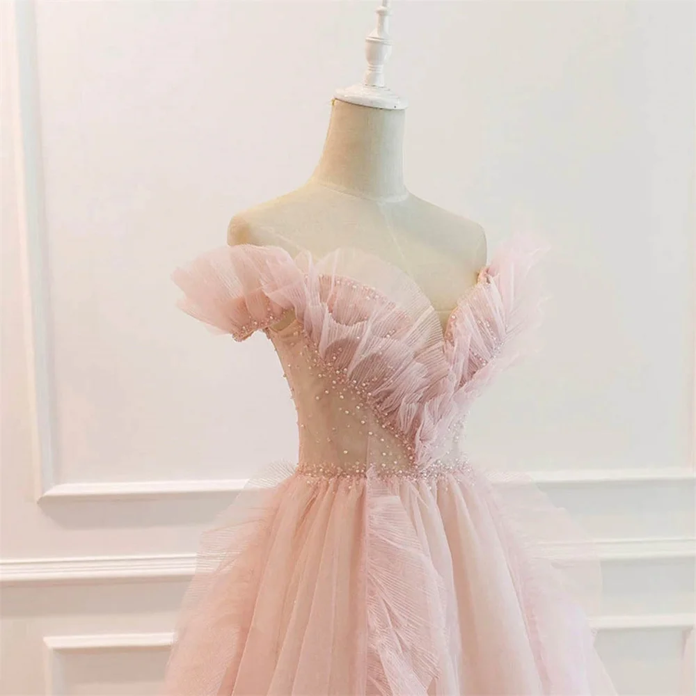 Lily Pink Tulle Charming Prom Dress Gown A-Line Formal Gown Beading Off The Shoulder Evening Gown Custom Size vestidos de noche