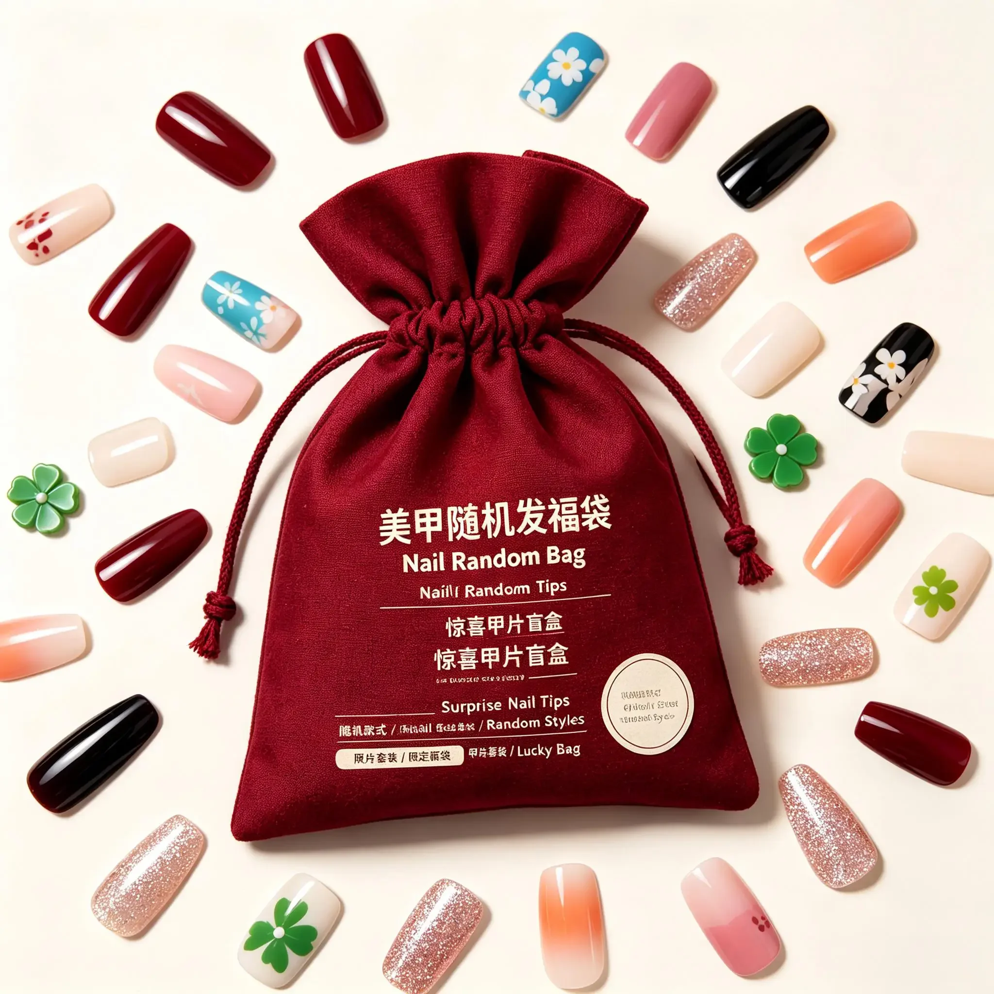 Random false nail lucky bags, 24PC/48PC bags shipped at random. It contains various styles including floral, animal, geometric patterns and solid colors, suitable for DIY nail decorations to help you create exclusive nail styles.