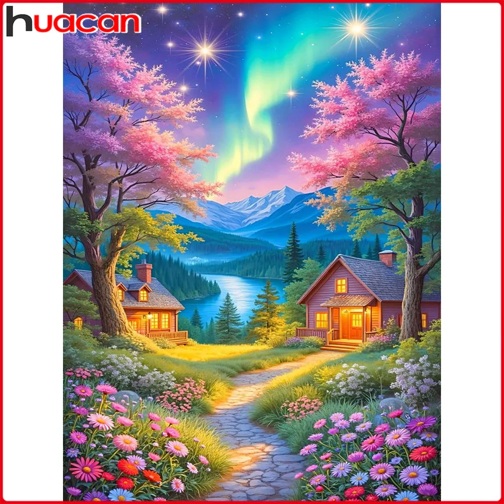 Huacan Volldiamantgemälde Aurora Haus Baum Diamant Stickerei Landschaft Komplettset Heimdekoration