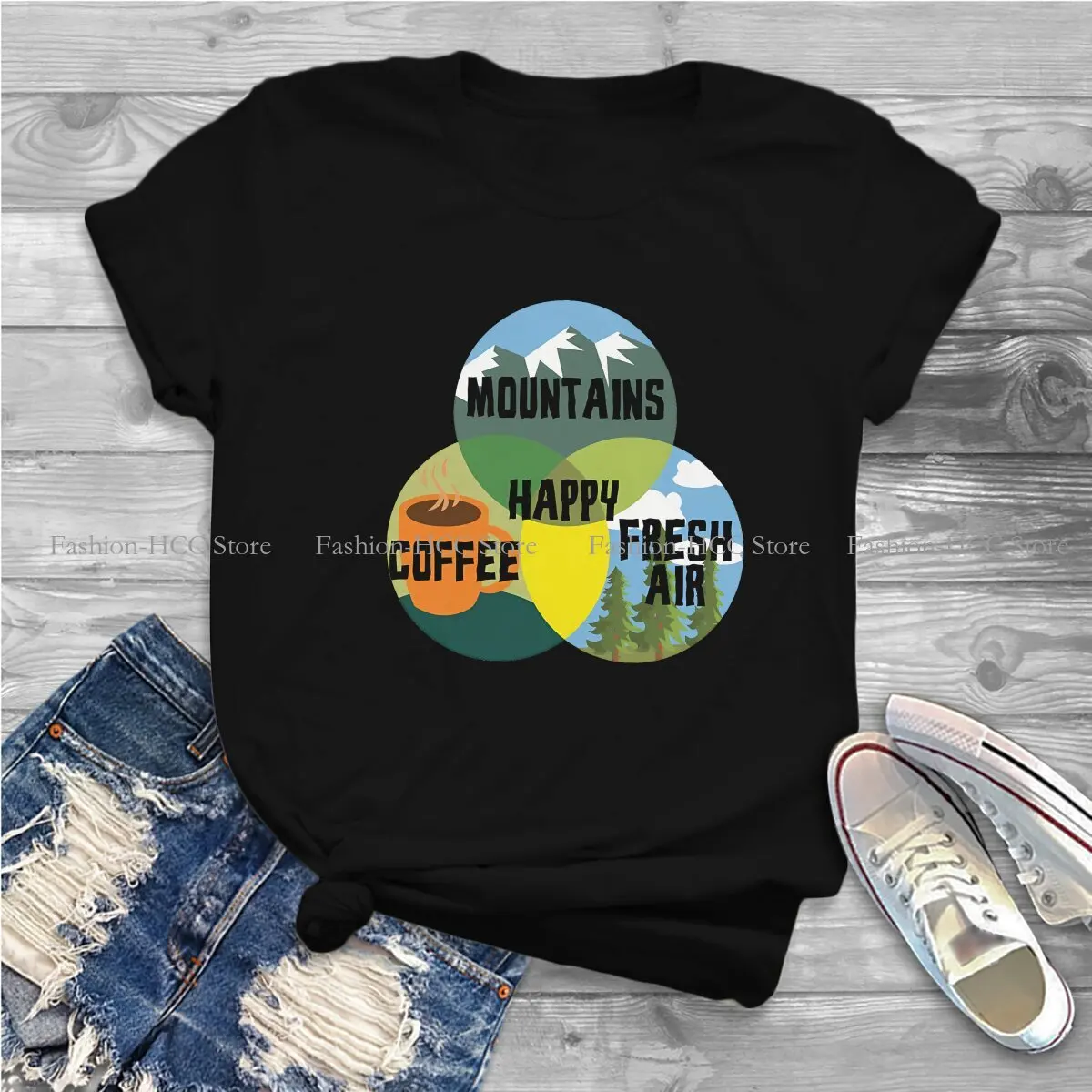 Mountains Fresh Air  Coffee Equals Happiness Newest Polyester TShirts Venn Diagram Female Style Streetwear T Shirt O Neck