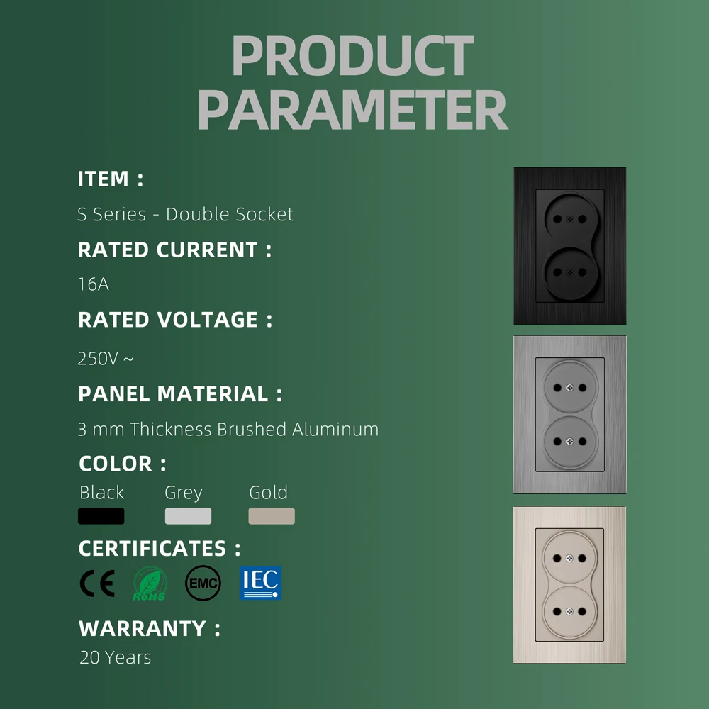 EU standard double socket  86*120 black grey gold Russia wall socket 250V 16A aluminum brushed panel CE RoHS authentication