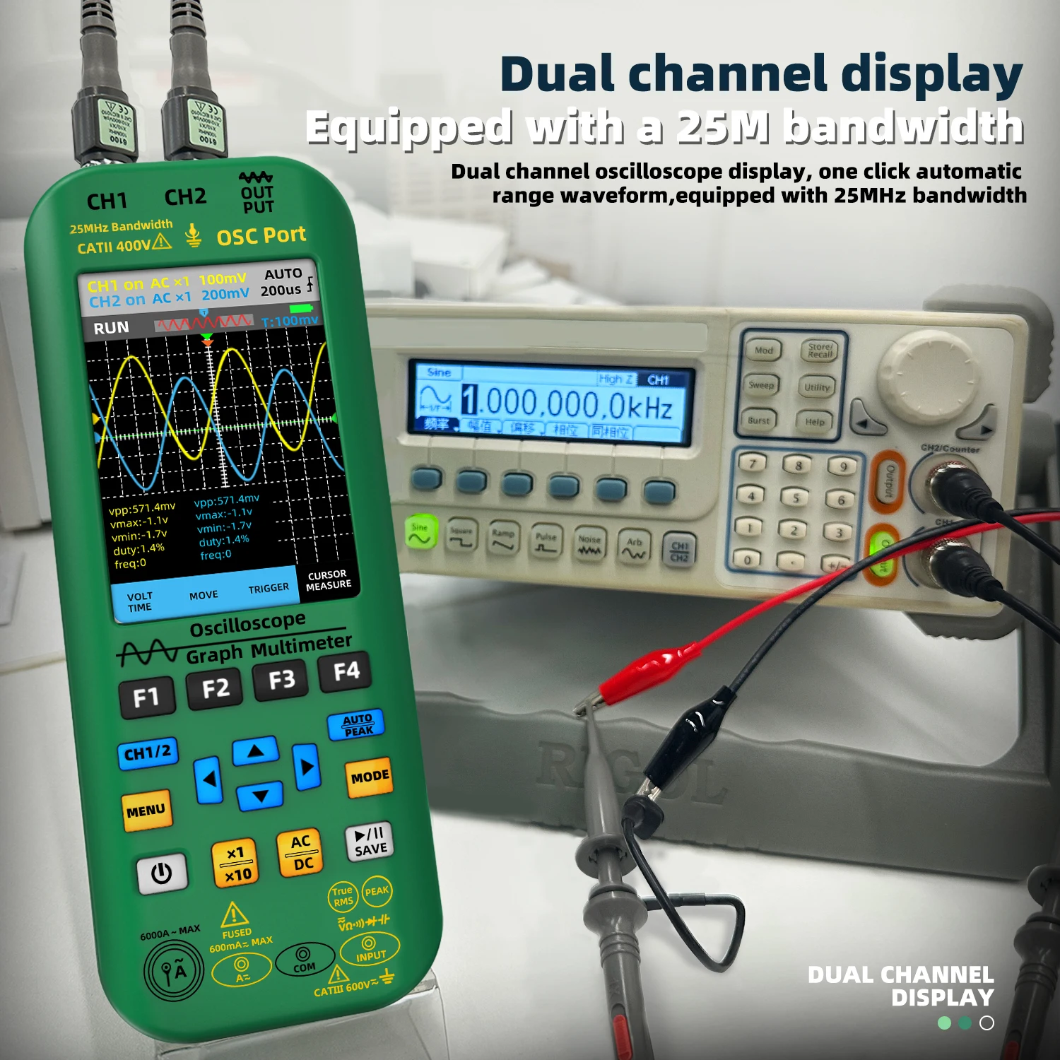 3-IN-1 Digital Multimeter+Function Signal Generator Dual Channel 25MHz*2 Vol 6000A Current Tester BSIDE Handheld Oscilloscope