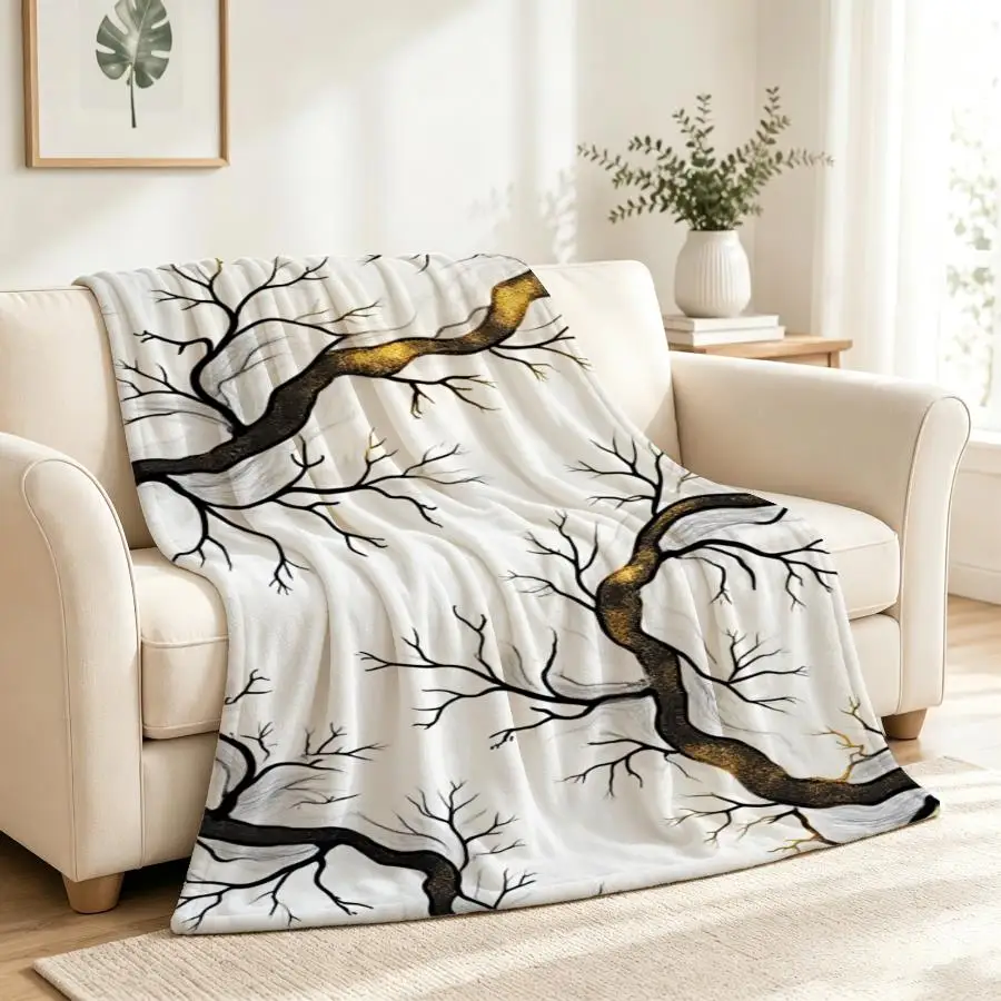 Abstract Ink Swirl Flannel Throw Blanket with Golden Accents - Soft, Warm And Machine Washable Artistic Home Decor for Couch, Bed And Office Ideal Gift for Family And Friends Weighted Blanket 280GS