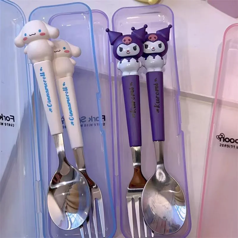 Sanrio-cucharilla de acero inoxidable con diseño de Hello Kitty para niños, cucharilla y tenedor con diseño de Kuromi pompurin My Melody,